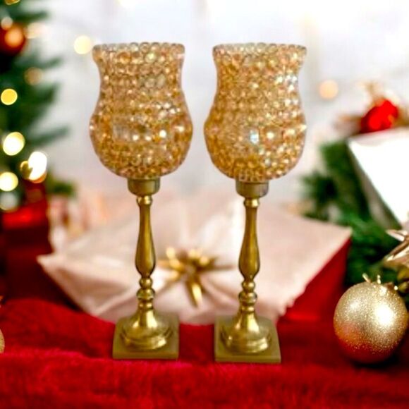 Homegoods Two Gold Crystal Metal Tealight Candleholders Centerpieces Decor - Picture 3 of 5